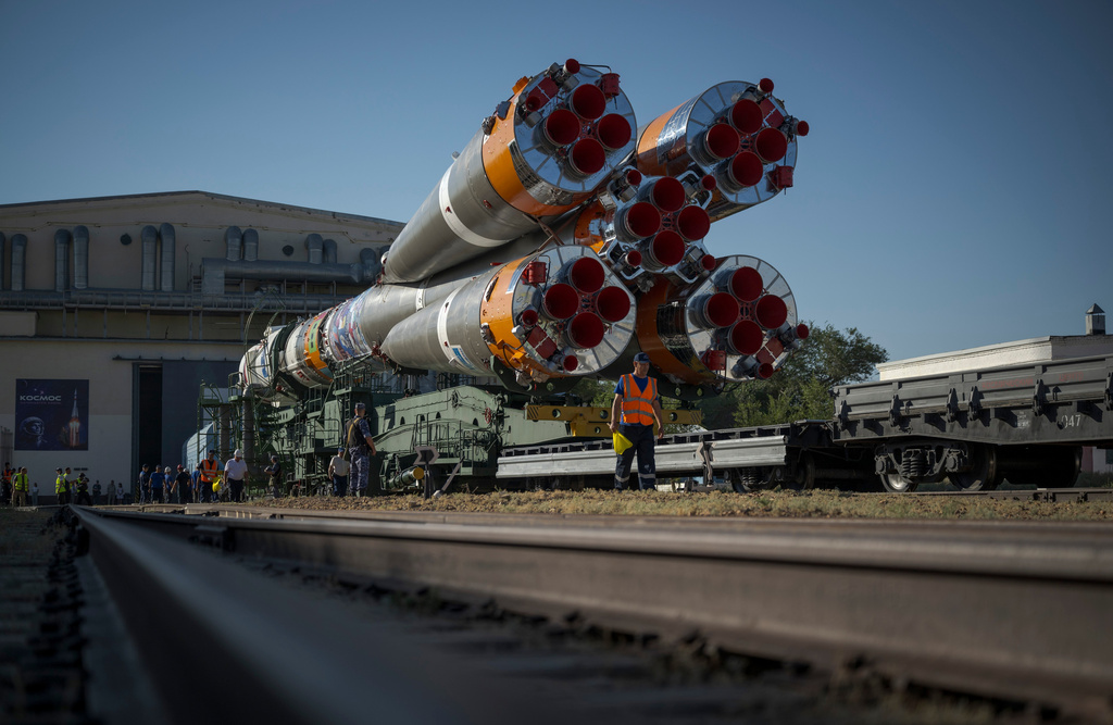The Soyuz rocket is rolled out by train to the launch pad, Saturday, July 11, 2026, at Site 31 of the Baikonur Cosmodrome in Kazakhstan. (Bill Ingalls/NASA via AP)