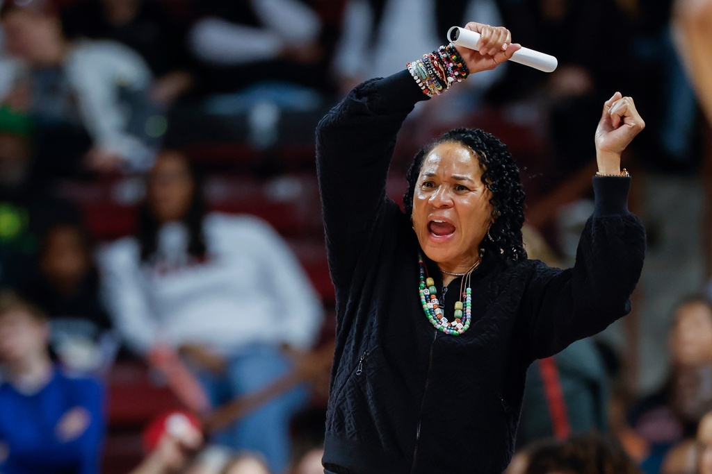 South Carolina head coach Dawn Staley argues a call during the first half of an NCAA college basketball game against Grand Canyon in Columbia, S.C., Monday, Nov. 3, 2025. (AP Photo/Nell Redmond)