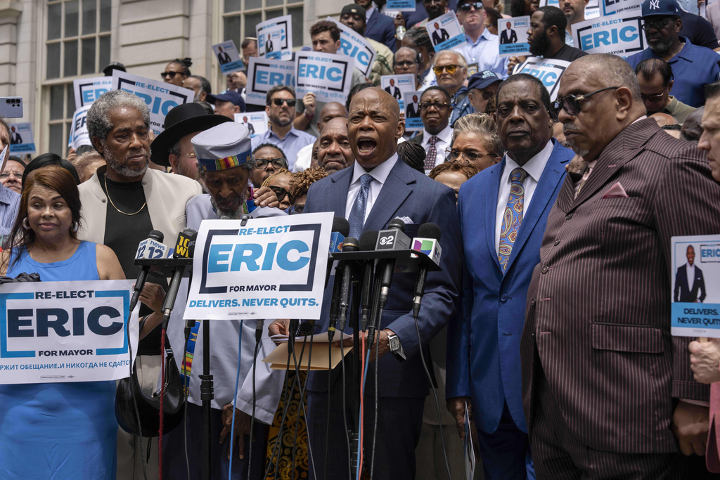 FILE - New York Mayor Eric Adams speaks during a campaign launch rally at City Hall, June. 26, 2025, in New York. (AP Photo/Yuki Iwamura, File)