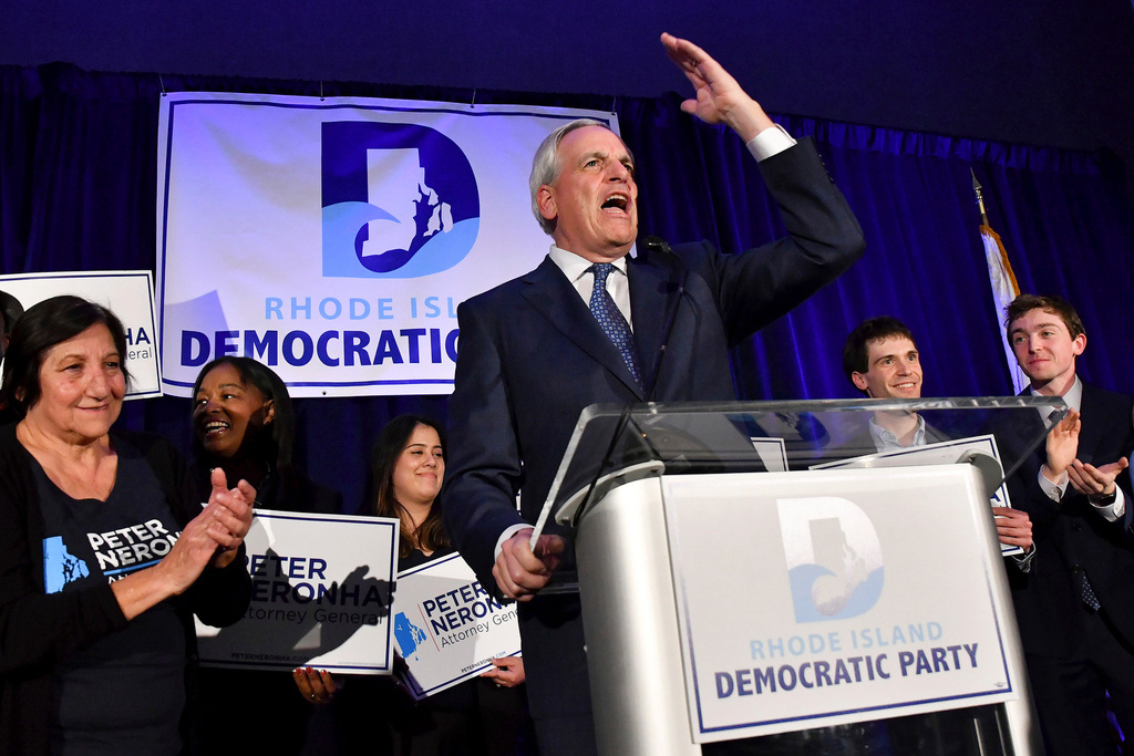 FILE - Attorney General Peter Neronha gives a victory speech after winning a second term, during an election-night gathering of Rhode Island Democratic candidates and supporters on Nov. 8, 2022, in Providence, R.I. . (AP Photo/Mark Stockwell, File)
