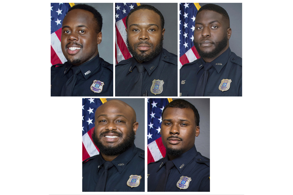 FILE - This combination of images provided by the Memphis, Tenn., Police Department shows, from left top, Police Officers Tadarrius Bean, Demetrius Haley, Emmitt Martin III, bottom row from left, Desmond Mills, Jr. and Justin Smith. (Memphis Police Department via AP, File)
