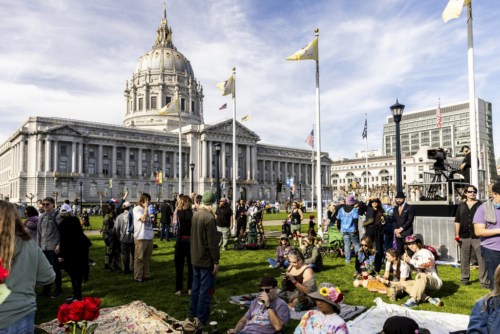 Attendees gather at Civic Center Plaza ahead of a public memorial for Grateful Dead co-founder Bob Weir in San Francisco, Saturday, Jan. 17, 2026. (Stephen Lam/San Francisco Chronicle via AP)
