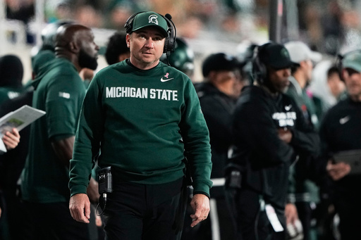 Michigan State head coach Jonathan Smith reacts on the sideline during the second half of an NCAA college football game against Michigan Saturday, Oct. 25, 2025, in East Lansing, Mich. (AP Photo/Ryan Sun) Michigan State head coach Jonathan Smith reacts on the sideline during the second half of an NCAA college football game against Michigan Saturday, Oct. 25, 2025, in East Lansing, Mich. (AP Photo/Ryan Sun)