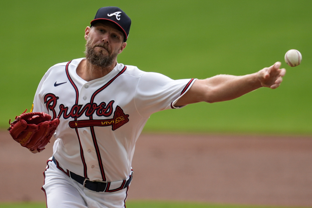 Atlanta Braves pitcher Chris Sale (51) deleivers against the Athletics in the first inning of a baseball game, Wednesday, April 1, 2026, in Atlanta. (AP Photo/Mike Stewart)
