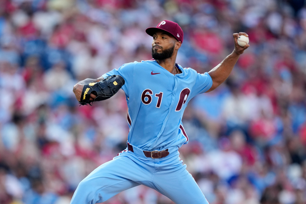 Philadelphia Phillies' Cristopher Sánchez pitches during the second inning of a baseball game against the Washington Nationals Thursday, Aug. 6, 2026, in Philadelphia. (AP Photo/Matt Slocum)