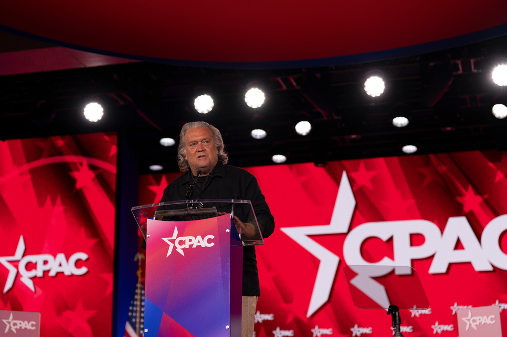 Steve Bannon speaks at the Conservative Political Action Conference, CPAC, in Dallas, Friday, March 27, 2026. (AP Photo/Gabriela Passos)