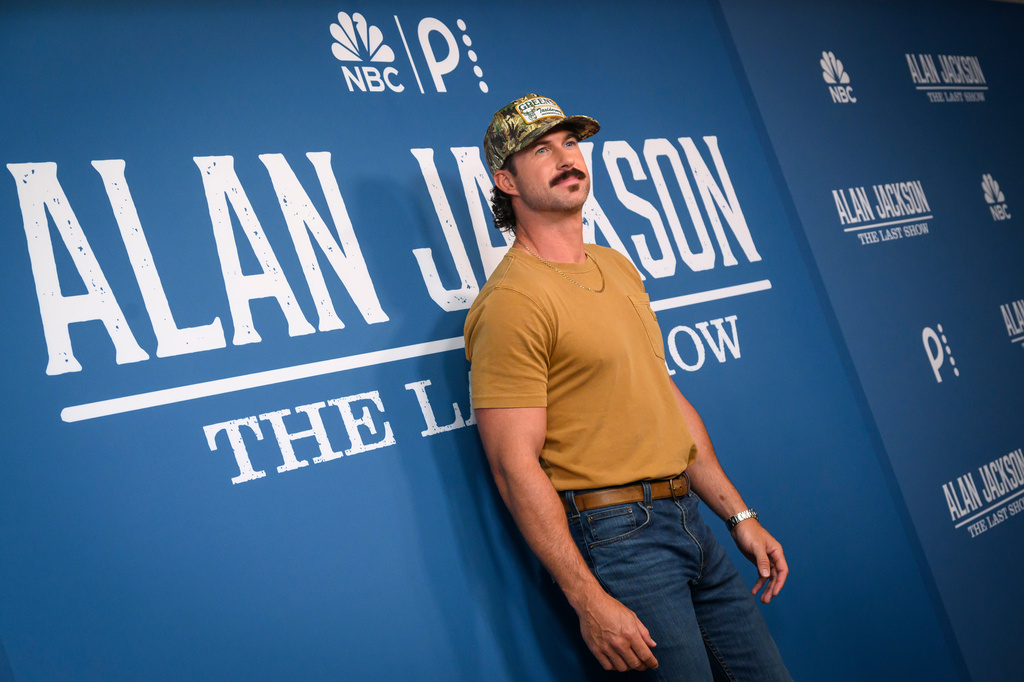 Riley Green arrives on the carpet for Alan Jackson's final farewell concert called, "Last Call: One More for the Road - The Finale," at Nissan Stadium, Saturday, June 27, 2026, in Nashville, Tenn. (AP Photo/John Amis)