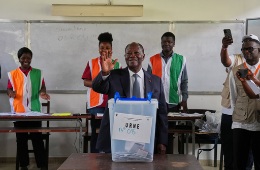 Ivory Coast President Alassane Ouattara casts his vote at a polling station during the presidential elections in Abidjan, Ivory Coast, Saturday, Oct. 25, 2025. (AP Photo/Misper Apawu) Ivory Coast President Alassane Ouattara casts his vote at a polling station during the presidential elections in Abidjan, Ivory Coast, Saturday, Oct. 25, 2025. (AP Photo/Misper Apawu)