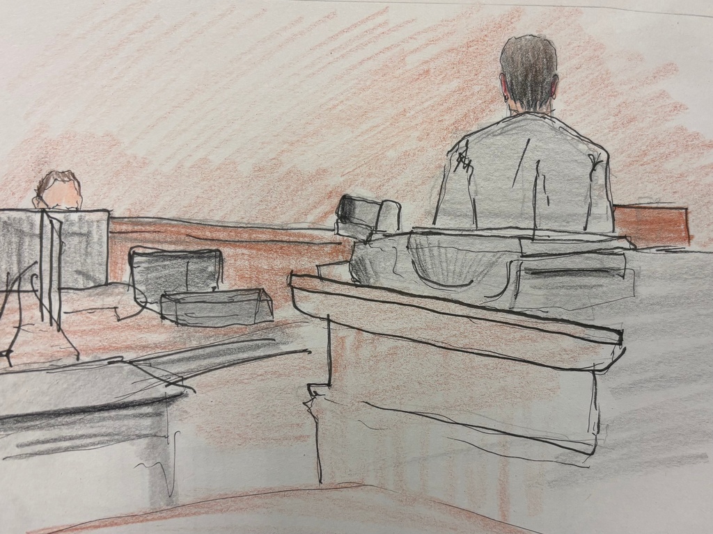 This courtroom sketch depicts the prosecution presenting their closing argument at Milwaukee County Circuit Judge Hannah Dugan's trial in court, Thursday, Dec. 18, 2025 in Milwaukee, Wis. (Adela Tesnow via AP, Pool)