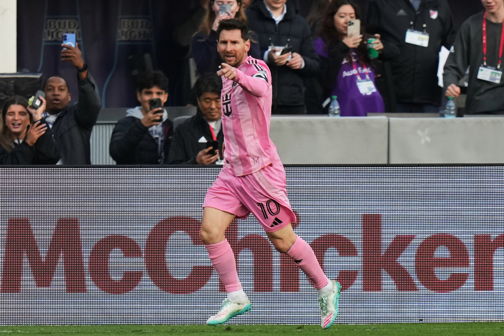Inter Miami forward Lionel Messi (10) celebrates after his goal against D.C. United during the first half of an MLS soccer match, Saturday, March 7, 2026, in Baltimore. (AP Photo/Stephanie Scarbrough)