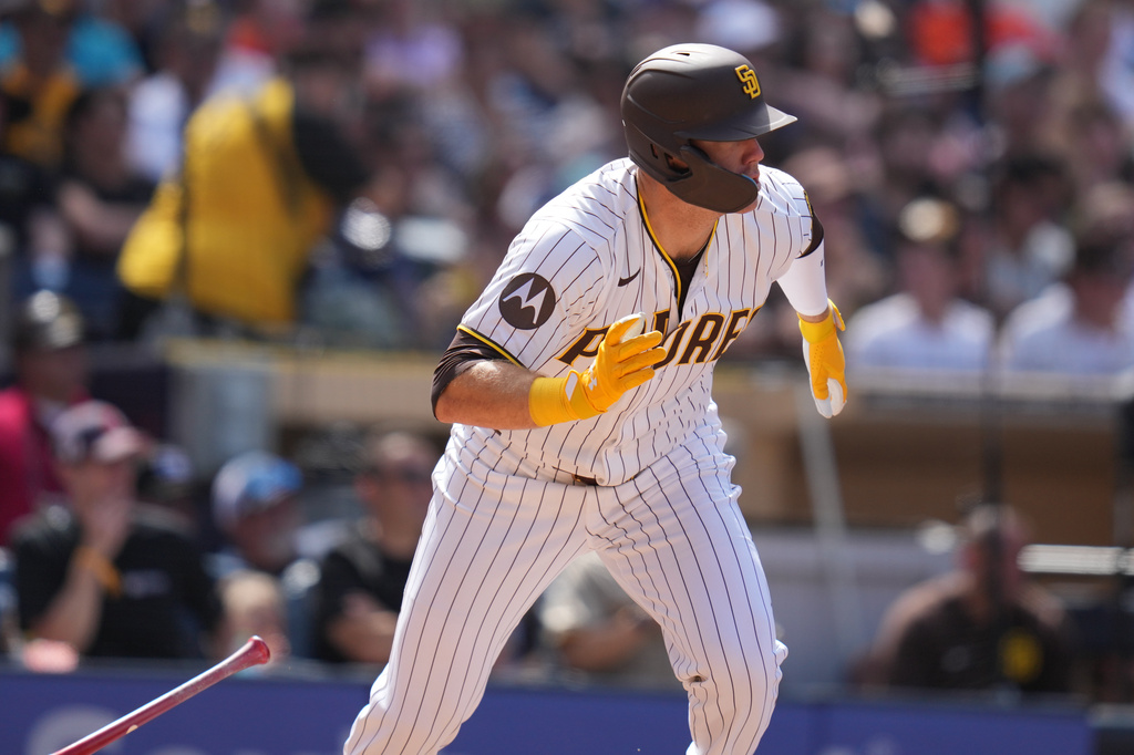 San Diego Padres' Gavin Sheets watches his RBI double during the sixth inning of a baseball game against the San Francisco Giants Wednesday, April 1, 2026, in San Diego. (AP Photo/Gregory Bull)