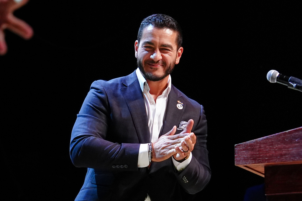 FILE - Abdul El-Sayed, a progressive candidate in the Democratic primary for U.S. Senate in Michigan, speaks during a primary election night event, Aug. 5, 2026, in Detroit. (AP Photo/Julia Demaree Nikhinson, File)
