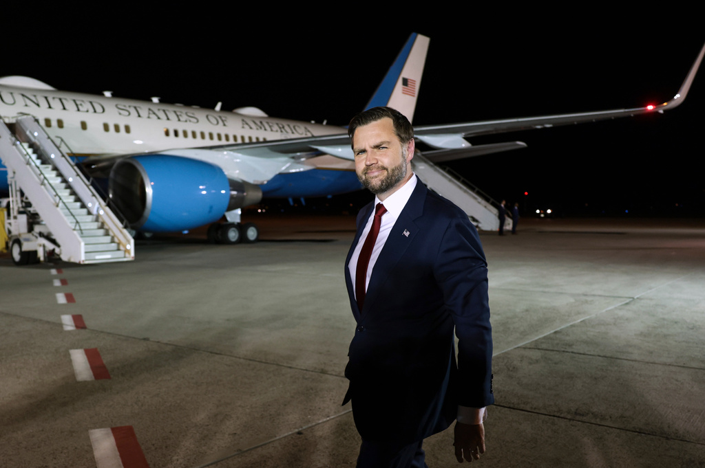 Vice President JD Vance pauses after speaking to reporters before boarding Air Force Two to return to Washington, at Budapest Ferenc Liszt International Airport in Budapest, Hungary, Wednesday, April 8, 2026. (Jonathan Ernst/Pool via AP)
