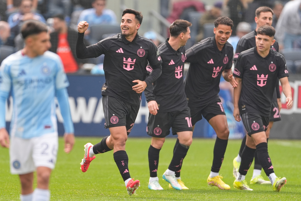 Inter Miami's Gonzalo Luján, second from left, celebrates his goal during the first half of an MLS soccer game against the New York City FC at Yankee Stadium in New York, Sunday, March 22, 2026. (AP Photo/Seth Wenig)