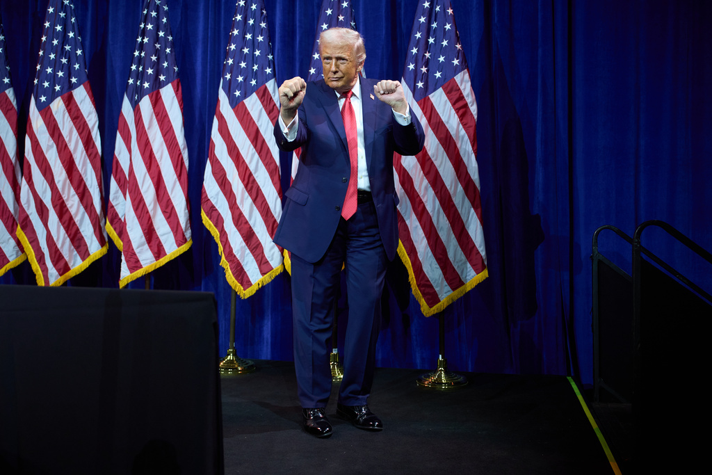 President Donald Trump dances as he walks off stage after speaking to House Republican lawmakers during their annual policy retreat, Tuesday, Jan. 6, 2026, in Washington. (AP Photo/Evan Vucci)