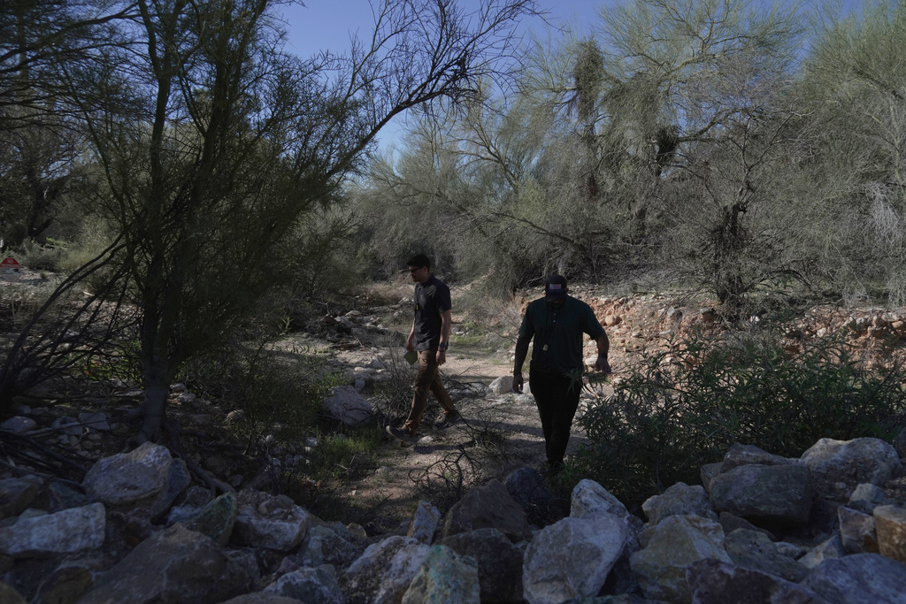 Law enforcement agents check vegetation areas around Nancy Guthrie’s home in Tucson, Ariz., Wednesday, Feb. 11, 2026. (AP Photo/Ty ONeil)