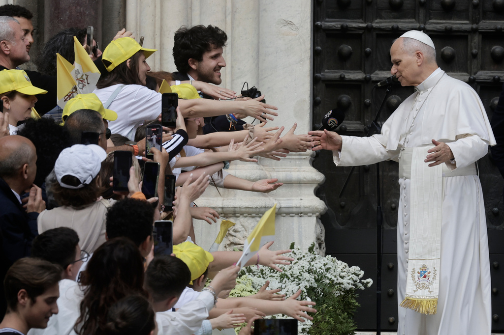Pope Leo XIV leave the Cathedral of Santa Maria Assunta , Friday, May 8, 2026, in Naples during a one-day pastoral visit to Pompeii and Naples. (AP Photo/Salvatore Laporta)