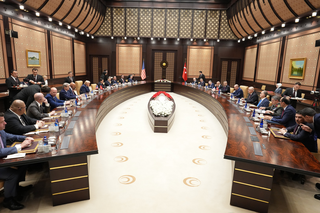 US President Donald Trump and American officials meet with Turkish President Recep Tayyip Erdogan and Turkish officials at the Bestepe Presidential Compound in Ankara, Turkey, Tuesday, July, 7, 2026. (Doug Mills/The New York Times via AP, Pool)