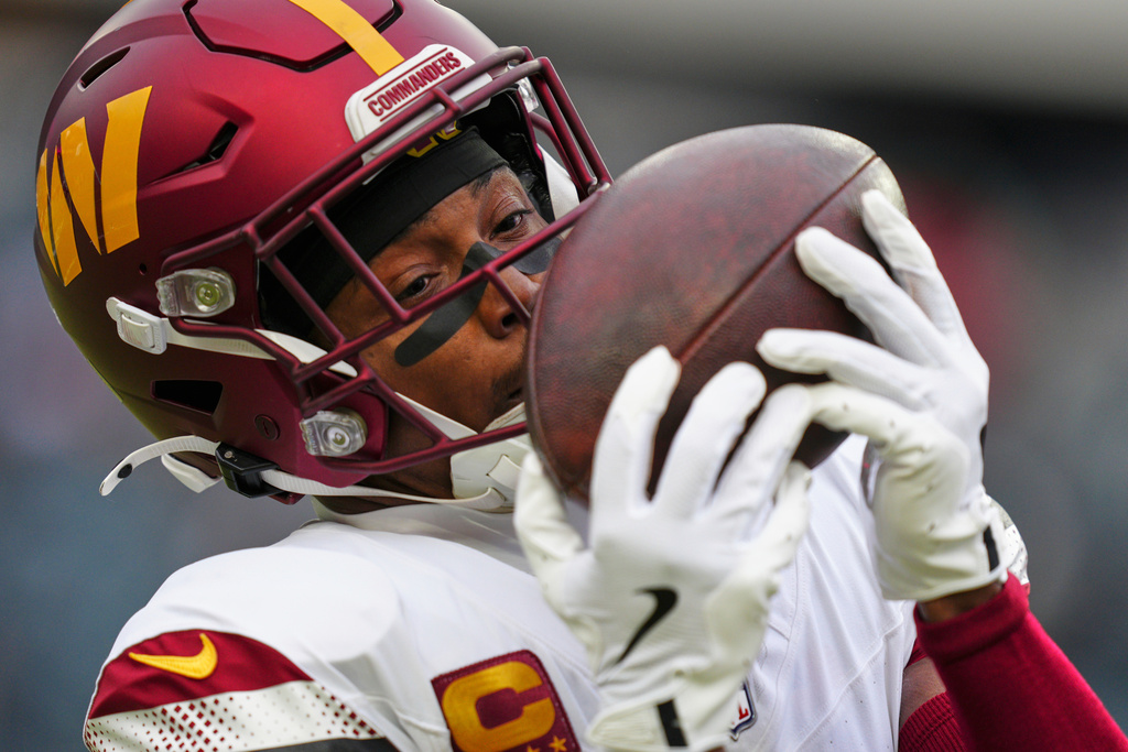 FILE - Washington Commanders wide receiver Terry McLaurin holds the ball during the NFC Championship NFL football game against the Philadelphia Eagles, Jan. 26, 2025, in Philadelphia. (AP Photo/Derik Hamilton, file)