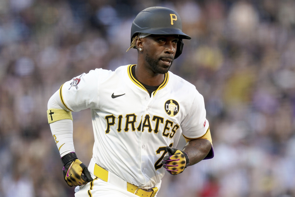 Pittsburgh Pirates' Andrew McCutchen rounds the bases after hitting a two-run home run during the second inning of a baseball game against the Colorado Rockies, Saturday, Aug. 23, 2025, in Pittsburgh. (AP Photo/Matt Freed)