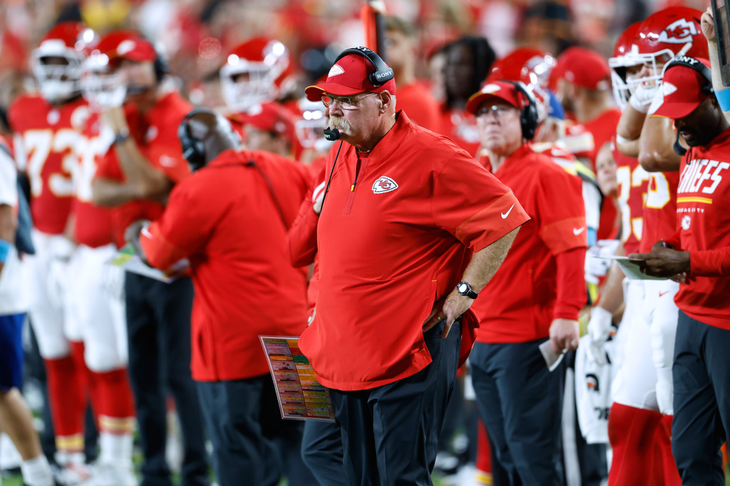 Kansas City Chiefs head coach Andy Reid looks on during the first half of an NFL football game against the Denver Broncos, Monday, Sept. 14, 2026, in Kansas City, Mo. (AP Photo/Colin E. Braley)