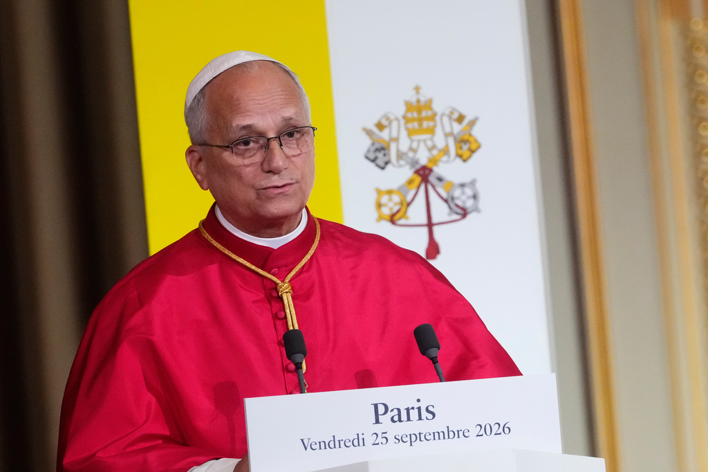Pope Leo XIV speaks during a joint statement with French President Emmanuel Macron at the Elysee Palace, Friday, Sept. 25, 2026. (AP Photo/Teresa Suarez, Pool)