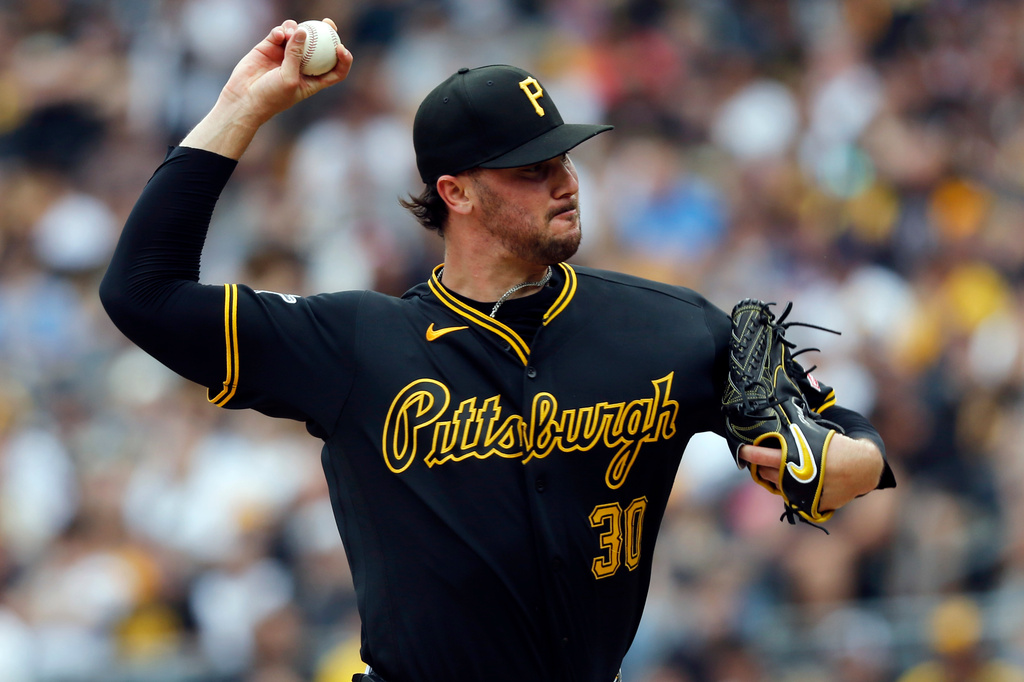 Pittsburgh Pirates pitcher Paul Skenes throws against the Tampa Bay Rays in the second inning of a baseball game in Pittsburgh, Saturday, April 18, 2026. (AP Photo/Tom E. Puskar)