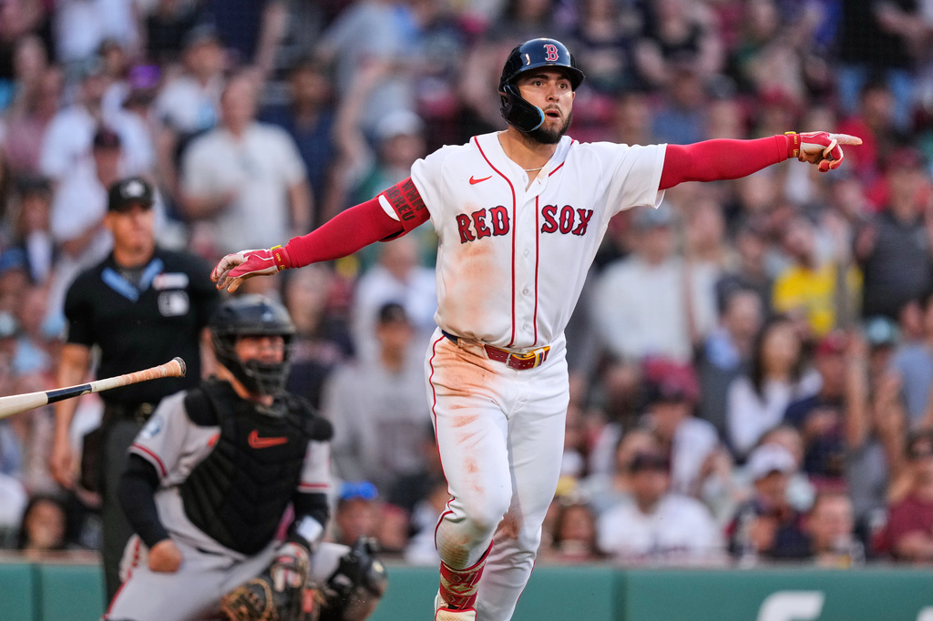 Boston Red Sox's Wilyer Abreu watches the flight of his two-run home run during the third inning of a baseball game against the Baltimore Orioles, Wednesday, June 3, 2026, in Boston. (AP Photo/Charles Krupa)