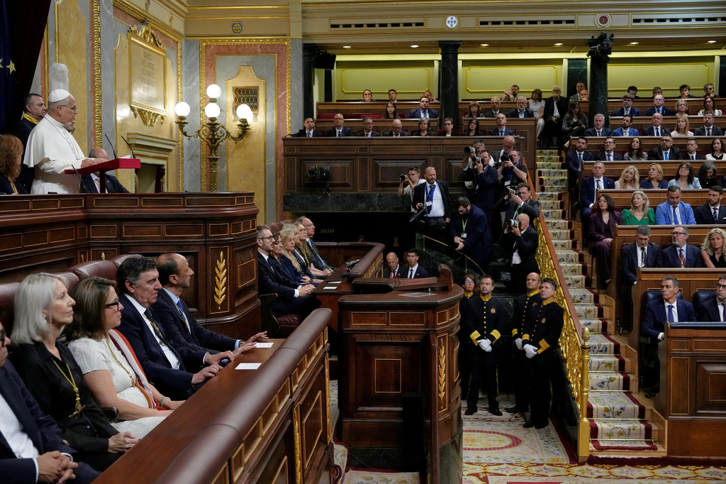 Pope Leo XIV delivers his speech as he meets with members of the Spanish Parliament at the Congress of Deputies, in Madrid, Monday, June 8, 2026. (AP Photo/Alessandra Tarantino)