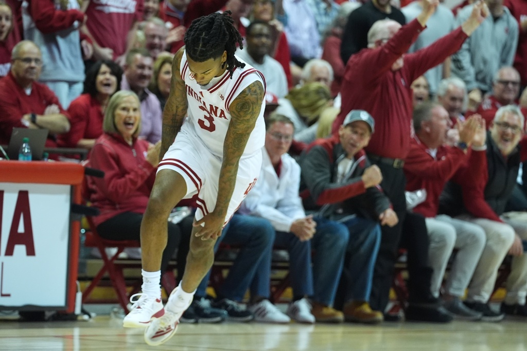 Indiana's Lamar Wilkerson reacts after hitting a 3-point shot during the first half of an NCAA college basketball game against Alabama A&M, Wednesday, Nov. 5, 2025, in Bloomington, Ind. (AP Photo/Darron Cummings)