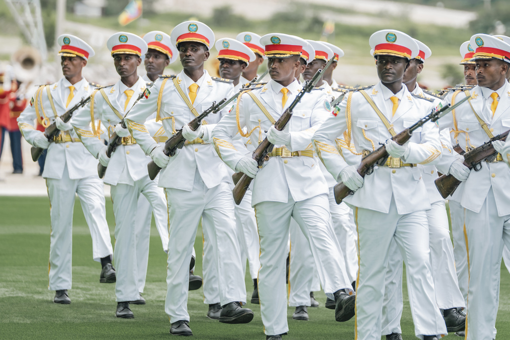 Members of Ethiopian National Defense Force parade during the inauguration of the Grand Ethiopian Renaissance Dam in Benishangul-Gumuz, Ethiopia, Tuesday, Sept. 9, 2025. (AP Photo)