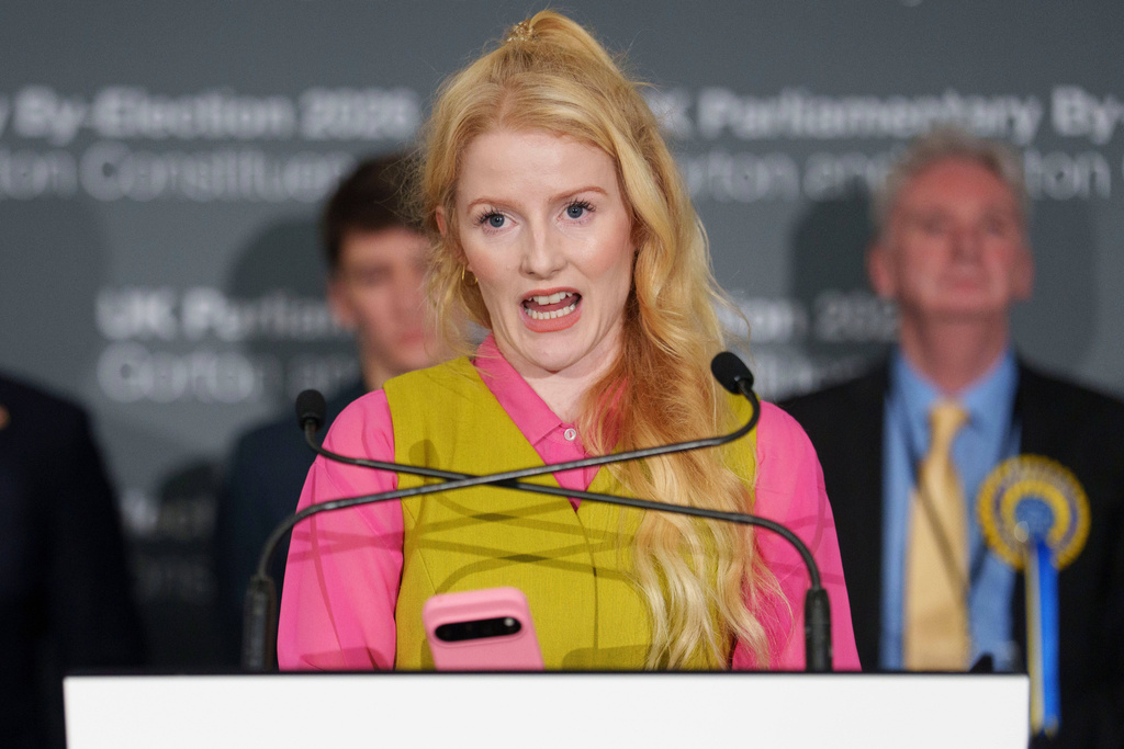 The Green Party candidate Hannah Spencer speaks after winning the Gorton and Denton by-election, Manchester, England, Friday, Feb. 27, 2026. (AP Photo/Jon Super)