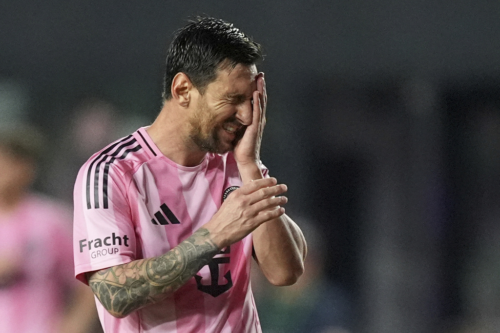 Inter Miami forward Lionel Messi reacts after an unsuccessful scoring attempt during the second half of an MLS soccer match against D.C. United, Saturday, Sept. 20, 2025, in Fort Lauderdale, Fla. (AP Photo/Rebecca Blackwell)