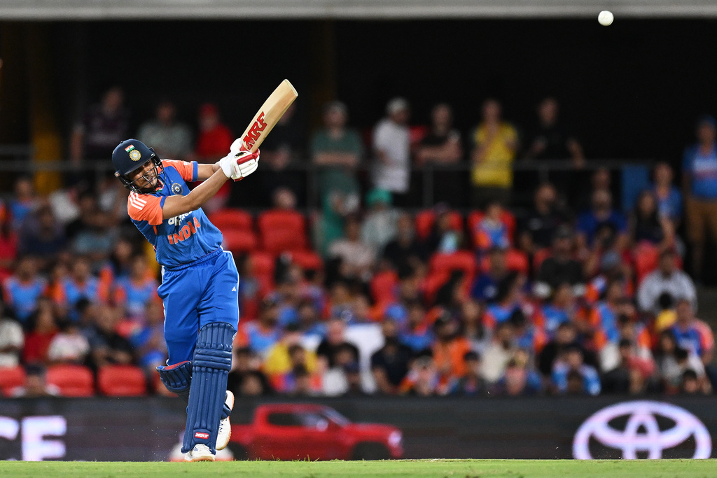 India's Shubman Gill bats during a T20 cricket international between India and Australia in Carrara, Australia, Thursday, Nov.6, 2025. (Dave Hunt/AAPImage via AP)