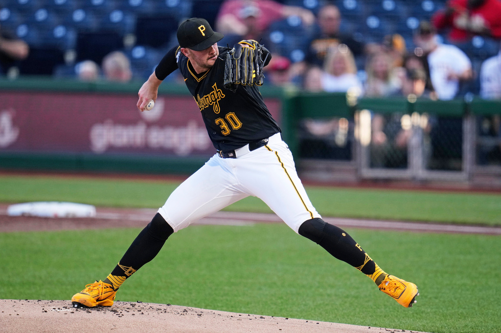 Pittsburgh Pirates pitcher Paul Skenes delivers during the first inning of a baseball game against the Washington Nationals in Pittsburgh, Monday, April 13, 2026. (AP Photo/Gene J. Puskar)