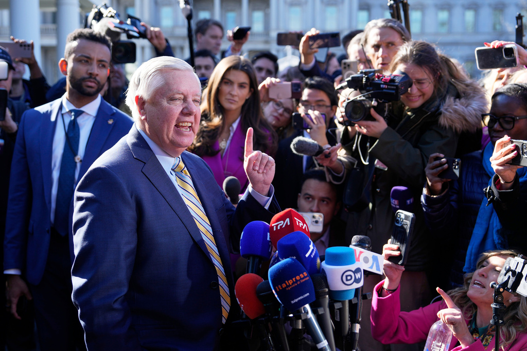 FILE - Sen. Lindsey Graham, R-S.C., speaks to reporters outside the West Wing of the White House in Washington, Feb. 28, 2025. (AP Photo/Ben Curtis, File)