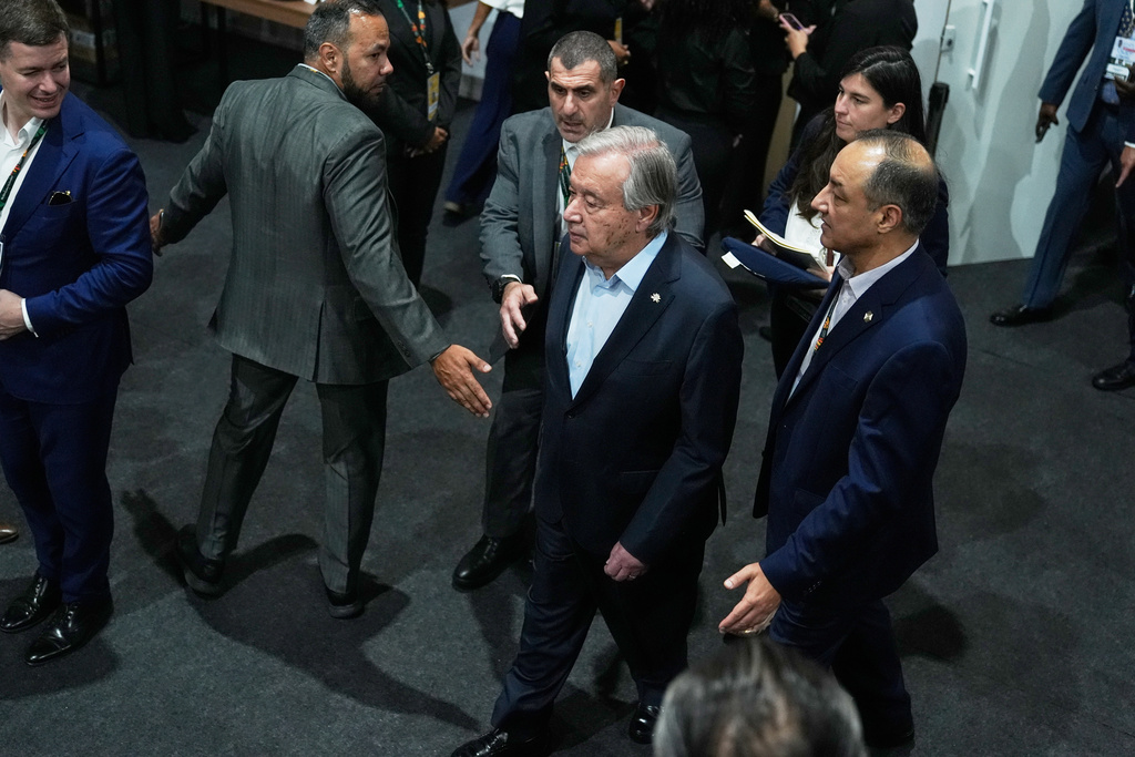 U.N. Secretary-General Antonio Guterres arrives to attend a plenary session at the COP30 U.N. Climate Summit in Belem, Brazil, Thursday, Nov. 6, 2025. (AP Photo/Fernando LLano)