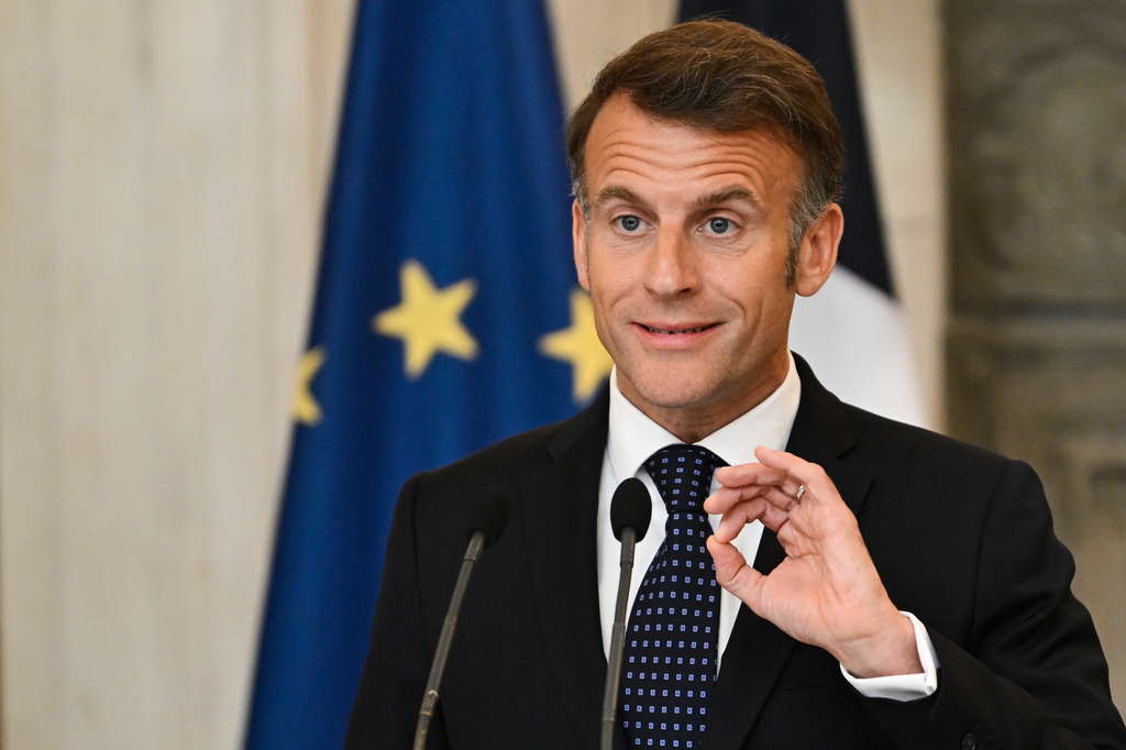France's President Emmanuel Macron speaks during a media conference with Greece's Prime Minister Kyriakos Mitsotakis at Maximos Mansion in Athens, Greece, Saturday, April 25, 2026. (AP Photo/Michael Varaklas)