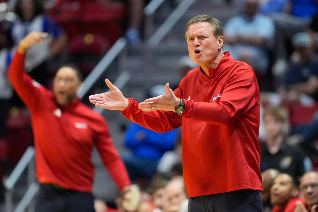 Kansas head coach Bill Self gestures while the team plays California Baptist during the second half in the first round of the NCAA college basketball tournament Friday, March 20, 2026, in San Diego. (AP Photo/Mark J. Terrill)