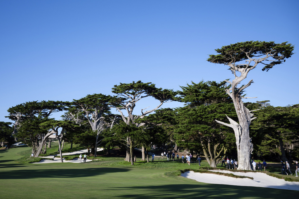 A general view of the 18th hole as the USA team plays the Great Britain and Ireland team during Walker Cup golf matches at Cypress Point Club, Saturday, Sept. 6, 2025, in Pebble Beach, Calif. (AP Photo/Thien-An Truong)