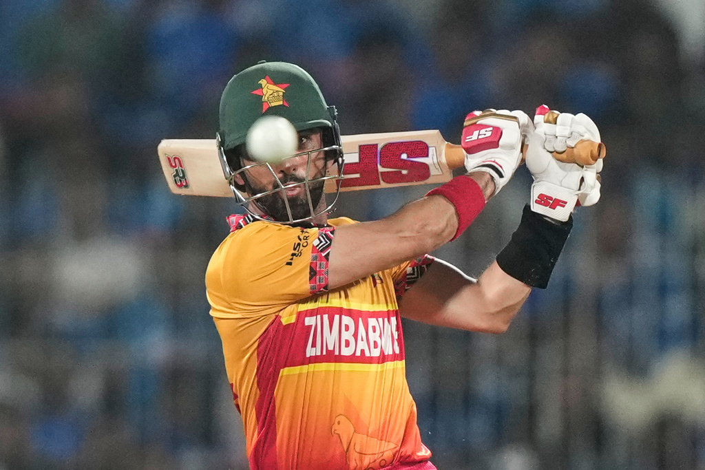 Zimbabwe's captain Sikandar Raza plays a shot during the T20 World Cup cricket match between India and Zimbabwe in Chennai, India, Thursday, Feb. 26, 2026. (AP Photo/Mahesh Kumar A.)