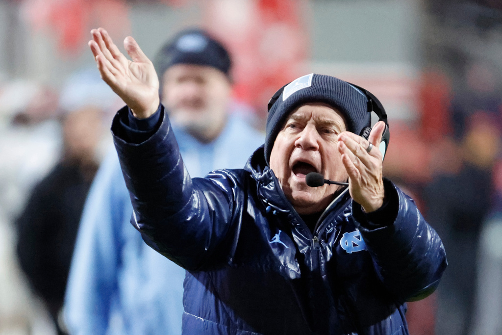 North Carolina head coach Bill Belichick protests a call during the second half of an NCAA college football game against North Carolina State in Raleigh, N.C., Saturday, Nov. 29, 2025. (AP Photo/Karl DeBlaker)