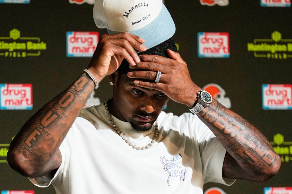 Cleveland Browns quarterback Deshaun Watson speaks at a press conference after an NFL preseason football game against the Buffalo Bills, Saturday, Aug. 22, 2026, in Cleveland. (AP Photo/Carolyn Kaster)