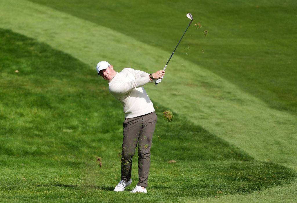 Rory McIlroy of Northern Ireland on the 7th fairway on day four of the PGA Championship at Wentworth Golf Club in Virginia Water, England, Sunday Sept. 20, 2026. (Adam Davy/PA via AP)