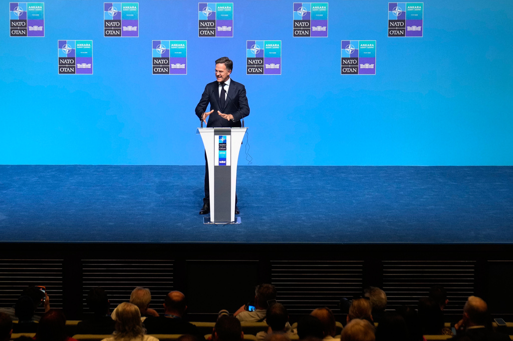 NATO Secretary General Mark Rutte speaks during a media conference at the International Media Center ahead of the NATO Summit in Ankara, Turkey, Monday, July 6, 2026. (AP Photo/Hussein Malla)