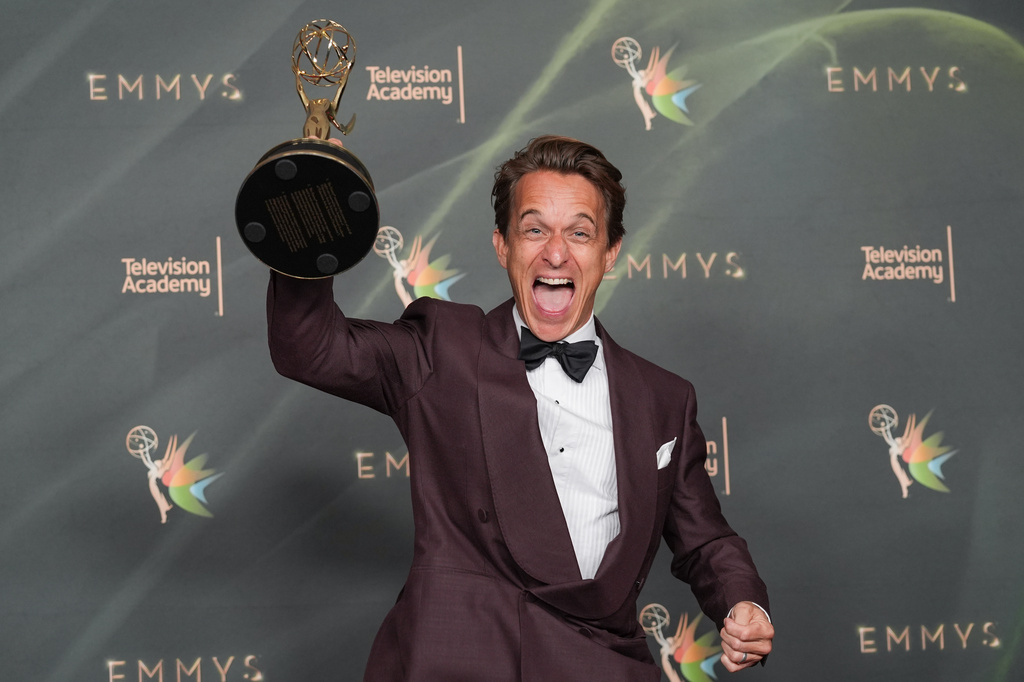 Ben Archard poses in the press room with the award for outstanding directing for a reality program for "The Traitors" during night one of the Creative Arts Emmy Awards on Saturday, Sept. 5, 2026, in Los Angeles. (AP Photo/Chris Pizzello)