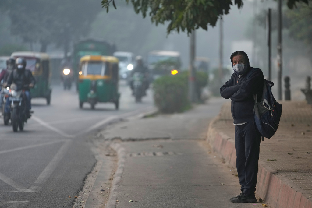 A commuter waits for transport wearing a face mask on a fog-filled morning in New Delhi, India, Tuesday, Nov. 18, 2025. (AP Photo/Manish Swarup)