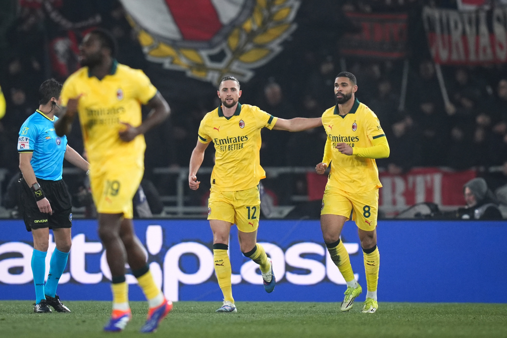 AC Milan's Adrien Rabiot (120 celebrates after scoring their third goal during the Serie A soccer match between Bologna and Milan in Bologna, Italy, Tuesday Feb. 3, 2026. (Massimo Paolone/LaPresse via AP)