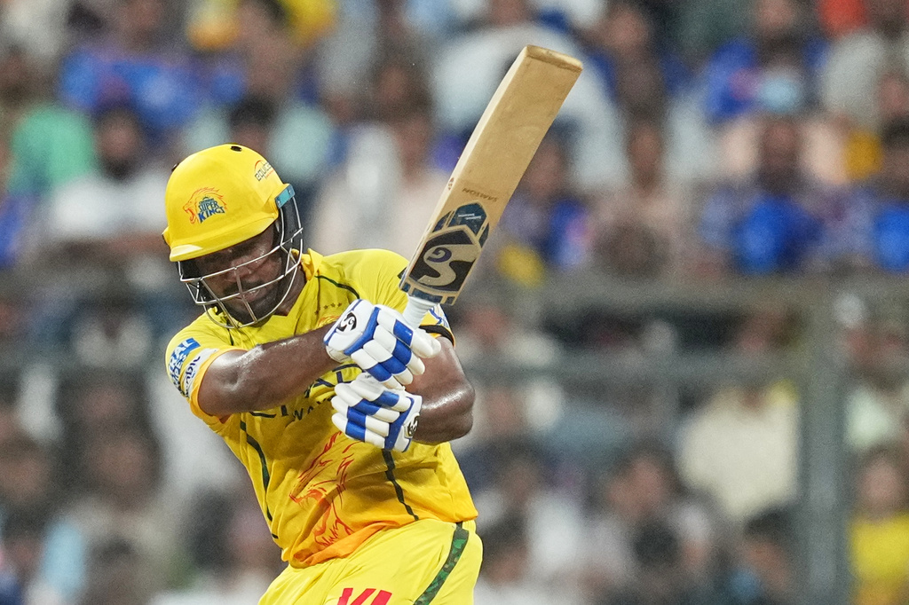 Chennai Super Kings' Sanju Samson plays a shot during the Indian Premier League cricket match between Mumbai Indians and Chennai Super Kings in Mumbai, India, Thursday, April 23, 2026.(AP Photo/ Rafiq Maqbool)