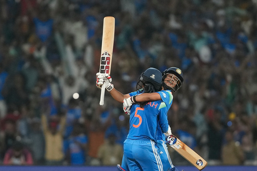 India's Jemimah Rodrigues, left, and India's Amanjot Kaur celebrates after winning the ICC Women's Cricket World Cup cricket semi final against Australia in Navi Mumbai, India, Thursday, Oct. 30, 2025. (AP Photo/Rajanish Kakade) India's Jemimah Rodrigues, left, and India's Amanjot Kaur celebrates after winning the ICC Women's Cricket World Cup cricket semi final against Australia in Navi Mumbai, India, Thursday, Oct. 30, 2025. (AP Photo/Rajanish Kakade)